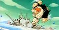 Vegeta dodges Recoome's impact, as the brute smashes into the ground