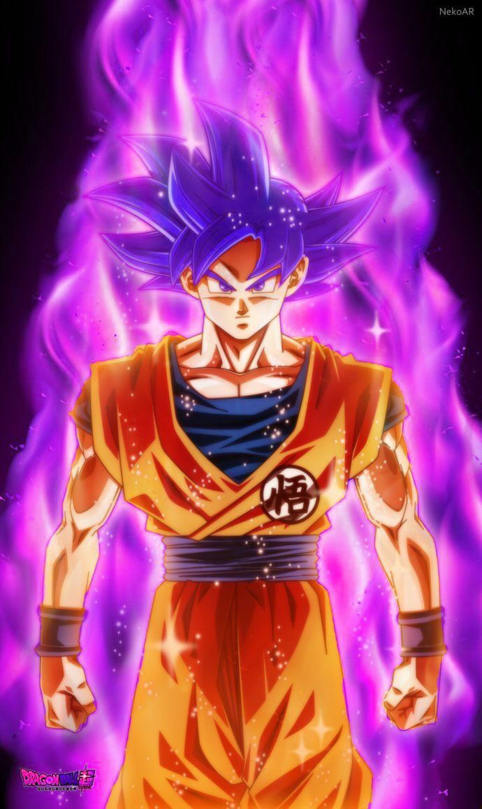 Sun goku with new form of super saiyan 5 with purple energy aura 
