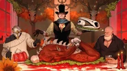 Gabriel as seen in New Blood's 2024 Thanksgiving post alongside Gloomdoc and Dusk Dude preparing to have a Thanksgiving feast at the dinner table