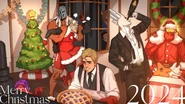 Gabriel as seen in New Blood's 2024 Christmas post being restrained by Champion while Mike Thane, Minos, Sisyphus who is dressed as Santa Claus, and enemies from Gloomwood and DUSK are enjoying themselves for the festivities
