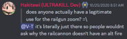 Hakita explaining the purpose of the Railcannon's alternate fire