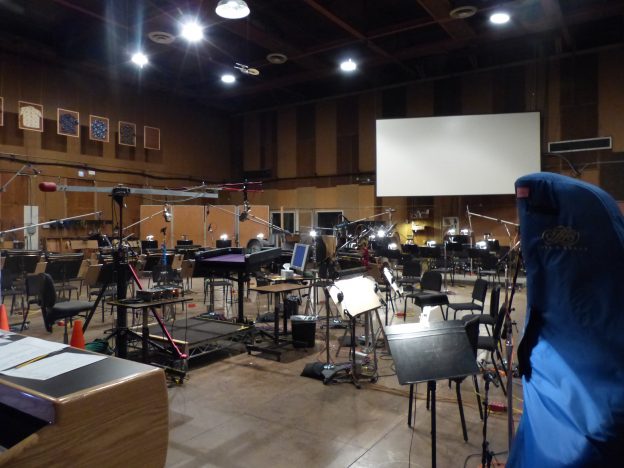 Grand interior of the Sony Pictures Scoring Stage in Culver City, California, featuring a large orchestra seating area.