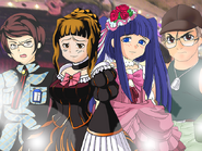 Takeshi, Midori wearing Beatrice's dress, Erika and Tomitake