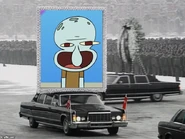 Squidward's face on a car buildboard.