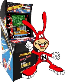 The Noid manipulating a 4th generation Asteroids arcade to play his stupid Noid game.