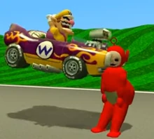 A documented photo of Wario attacking  with his stolen car.