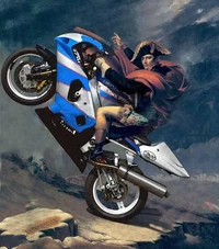 Napoleon Bonaparte riding his new motorcycle.