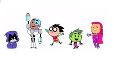 Teen Titans celebrating after defeating a supervillain. In their imagination.