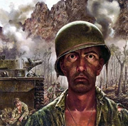 A portion of "The Two-Thousand Yard Stare", a painting that depicts a Thousand-Yard Stare.