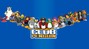 The logo of Club Penguin featuring all the penguins that are worried because of global warming.