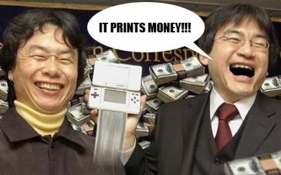 A DS printing money, advertisement. Note it does not actually do this.