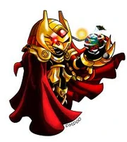 The T-50001's fifth form (not counting v0.5), Enerjak, holding the world in the palm of his hand.