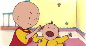 Caillou pinches his sister Rosie.