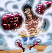 Luffy-fourthgear.png (437 KB) Luffy made himself look really stupid and really strong in Gear 4: Bounceman. Basically all he does is just bounce, but he can fly using elastic force (since hes made out of rubber), which is cool. He is also really strong because he uses his haki to make his arms red and black, and his punches hit you really fast and they make you go flying hundreds of miles.
