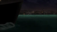 Liverpool's waterfront view in the anime.