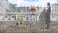 Two men conversing about the two displayed machine dolls in the anime.
