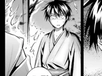 A younger Raishin in a kimono with a hakama in the manga.