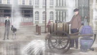 A man and a machine doll cleaning a street in the anime.