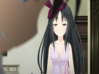 Yaya wearing a plunging dress in the anime.