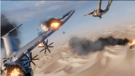 Nate in a freefall as the plane tears apart and crashes