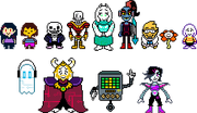 A sheet of Overworld sprites for the cast of CPUtale.