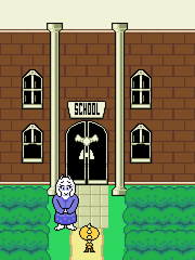 Toriel and Monster Kid in front of a school.