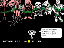 Flowey fesselt Frisks Freunde mit seinen Ranken. Wenn man genau hinsieht, erkennt man an den Ranken im Hintergrund, dass sie zu  gehören