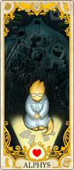 Alphys's official tarot card as Major Arcana II, "The High Priestess".