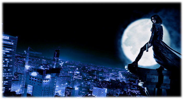 Selene under a full moon, looking over a city