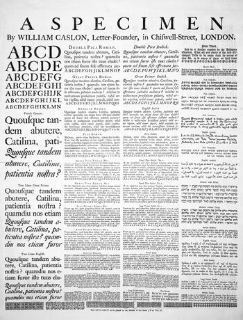 A specimen sheet of typefaces and languages, by William Caslon I, letter founder; from the 1728 Cyclopaedia