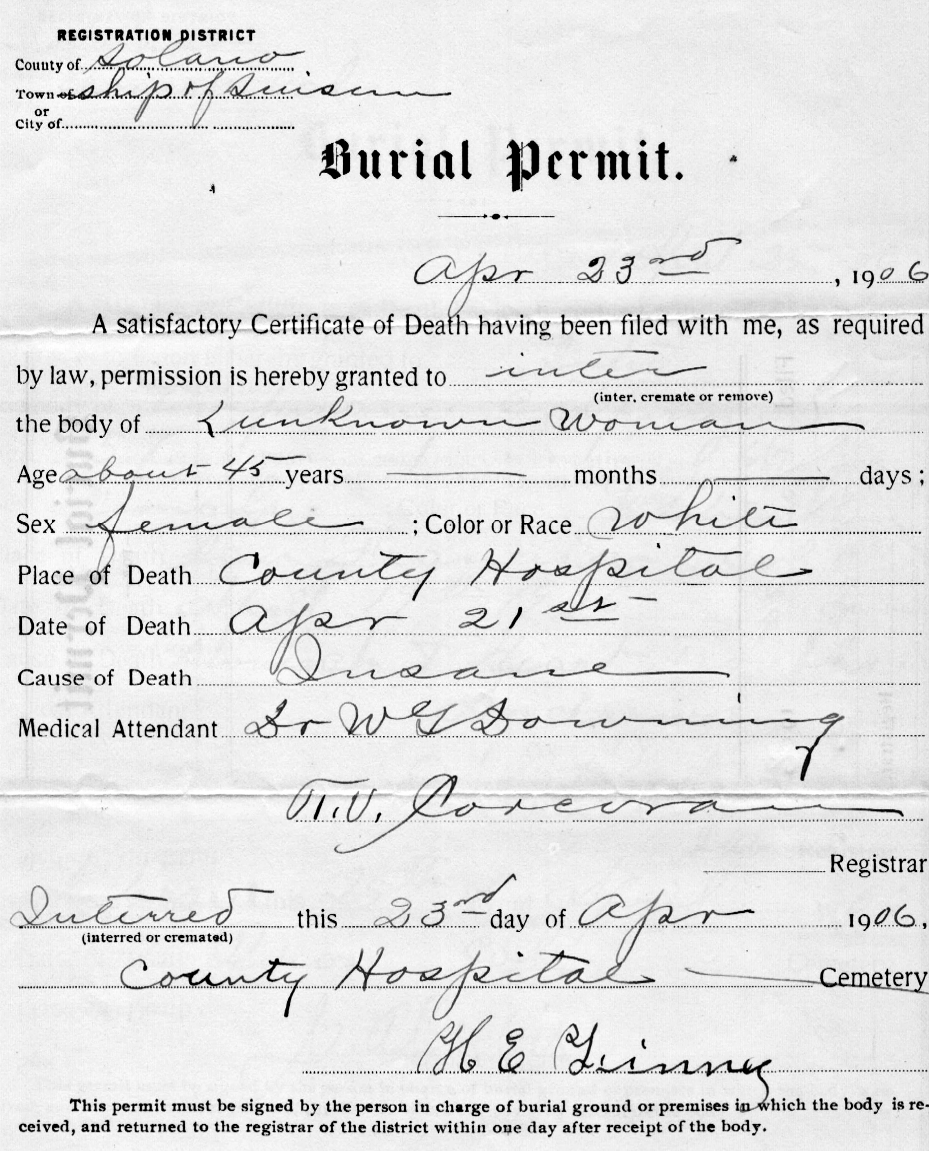 Solano County Jane Doe (April 21, 1906) | Unidentified Wiki | Fandom