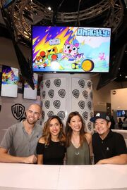 Some of the crew at San Diego Comic-Con 2017. From left to right: producer Ed Skudder, art director , producer Lynn Wang, and voice actor .