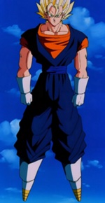 Vegito blue wearing a cape on his shoulder on Craiyon