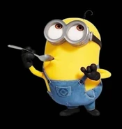 A short two eye Minion with curl of hair.