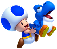 Toad azul segurando Baby Yoshi azul