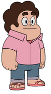 Lleva una camisa rosa claro encima en "El Cumpleaños de Steven"