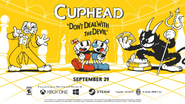 A poster featuring Cuphead, Mugman, the Devil and King Dice.