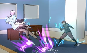 Waldo using his Shockwave to leap away from X-Rei.