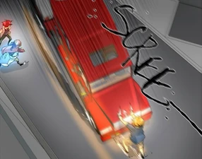 Isen stops a truck with his enhanced strength.