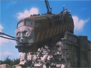 P.T. Boomer and Diesel 10 in the Thomas and the Magic Railroad trailer, where it shows P.T. Boomer and Diesel 10 falling onto the barge.