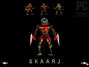 Skaarj Warrior poster from PC Zone. The red on the skin might indicate for a "bloody skin" for the Skaarj which was cut from the release version, or just a red light for visuals.