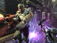 Promotional screenshot featuring Malcolm and the Shock Rifle.