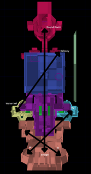 Zones of the map in UnrealEd, with the teleporter and warp portal destinations.