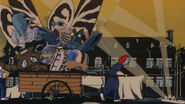 Ultraman and Zetton pushing and pulling a cart containing Mothra, Alien Godola, Alien Guts, Alien Baltan, Jamila, King Joe, Antlar, Alien Icuras, and Alien Zarab