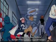 From left to right: Ultraman, Godzilla, Super Giant, Alien Baltan, and Miss Namikawa