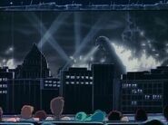 The gang watching the 1954 film Godzilla