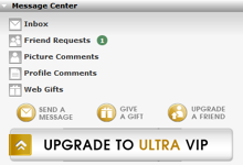 The message center widget with one unviewed new friend request that is pending.