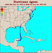 A diagram demonstrating Hurricane Agnes' unique path.  Meteorologists expected the storm to continue off into the Atlantic, but it instead turned back westward, flooding parts of Pennsylvania and New York