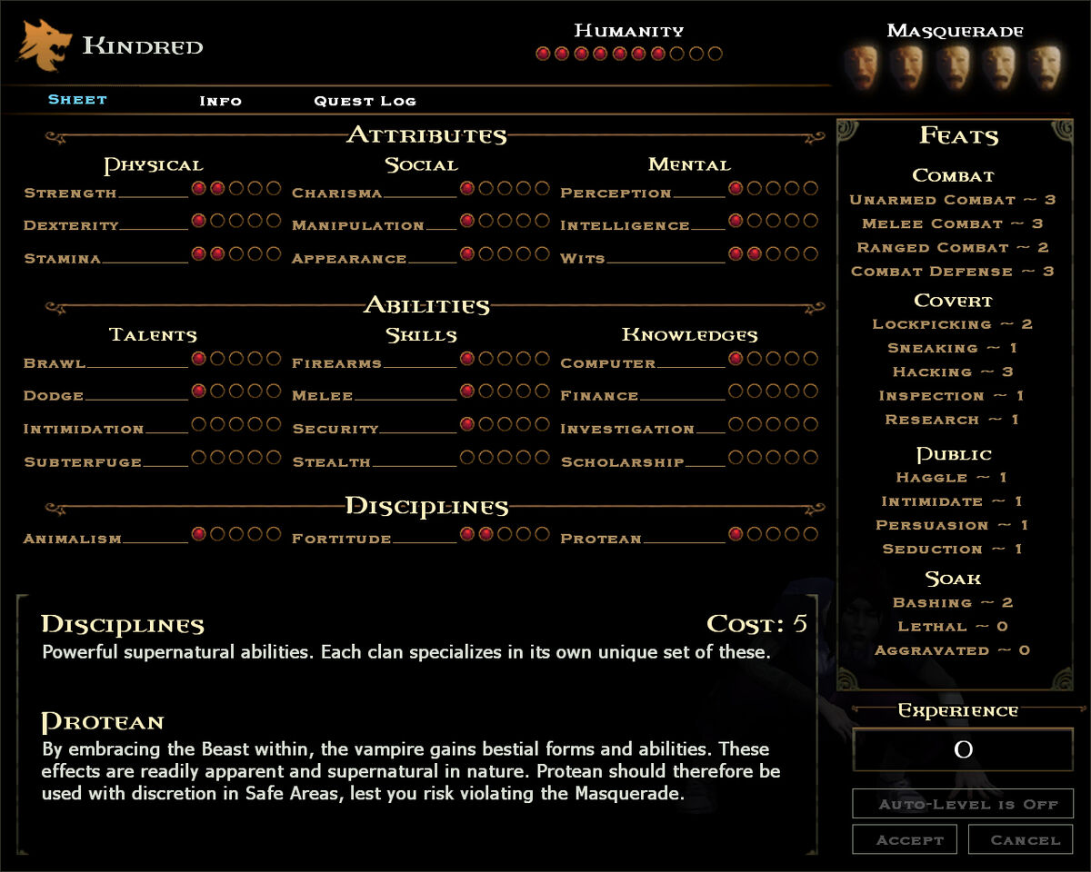 Character Sheet Vampire The Masquerade Bloodlines Wiki Fandom