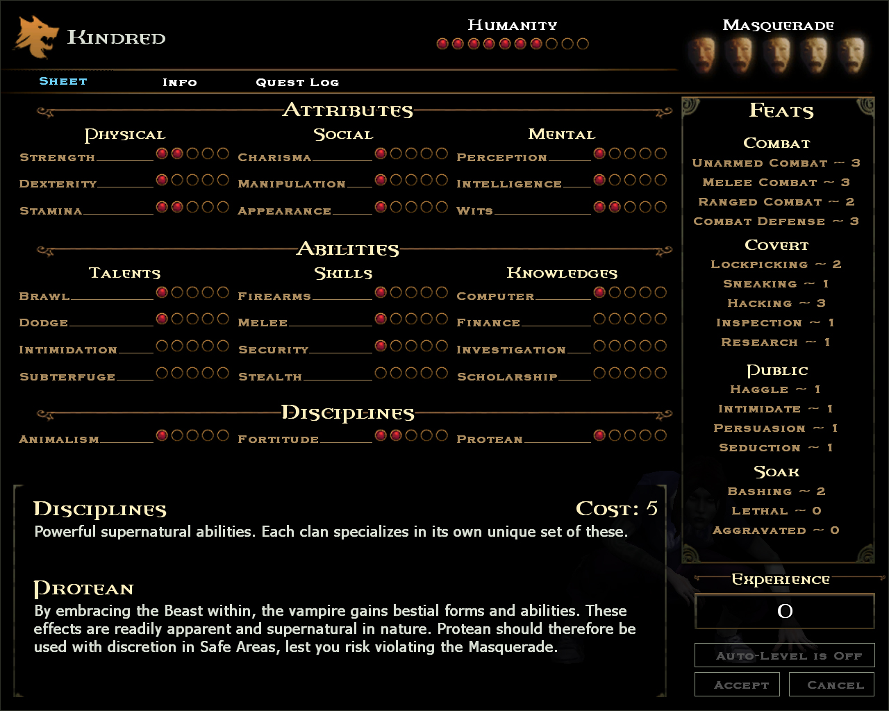 Character Sheet, Vampire: The Masquerade – Bloodlines Wiki